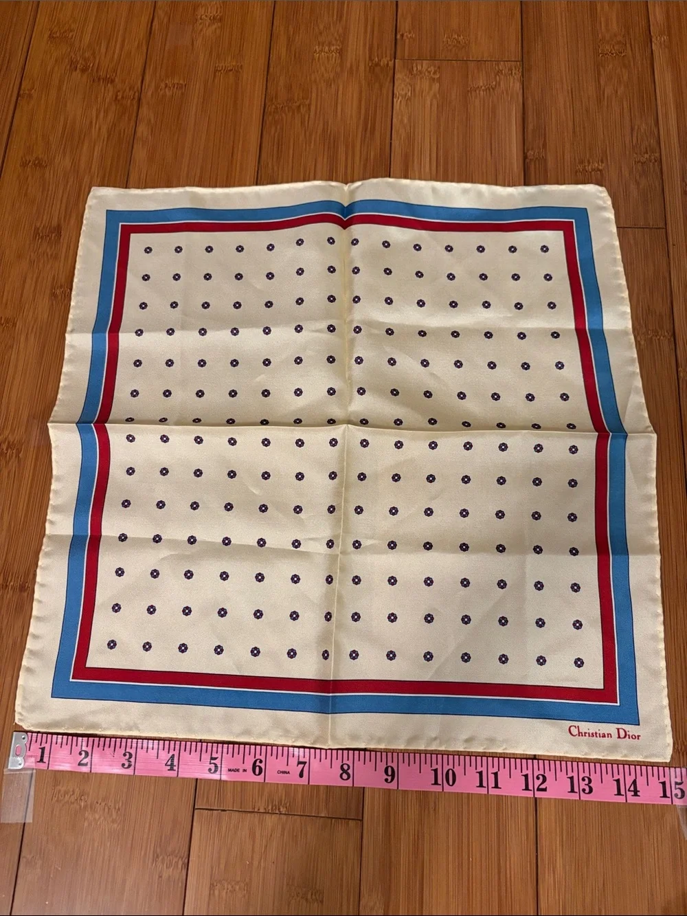 Dior Vintage Cream Silk Pocket Square with Blue and Red Border 15” X 15”